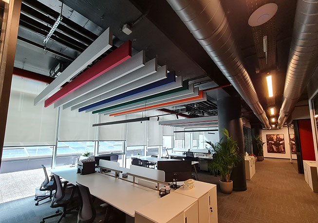 kumaş kaplı akustik tavan paneli baffle tavan